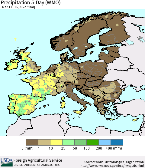 Europe Precipitation 5-Day (WMO) Thematic Map For 3/11/2022 - 3/15/2022