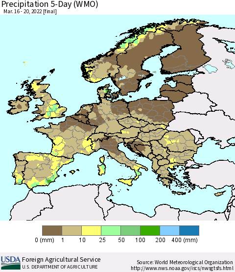 Europe Precipitation 5-Day (WMO) Thematic Map For 3/16/2022 - 3/20/2022