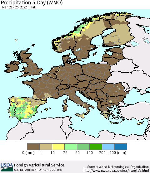 Europe Precipitation 5-Day (WMO) Thematic Map For 3/21/2022 - 3/25/2022