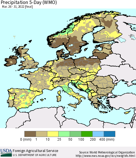 Europe Precipitation 5-Day (WMO) Thematic Map For 3/26/2022 - 3/31/2022