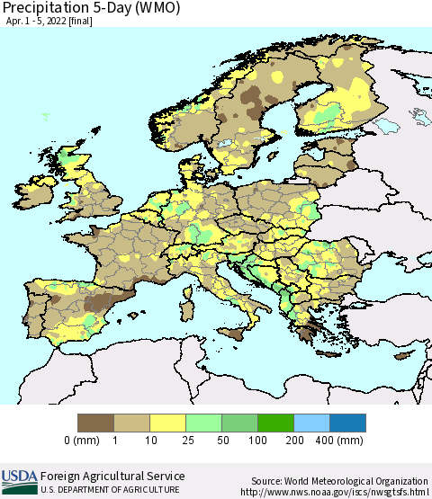 Europe Precipitation 5-Day (WMO) Thematic Map For 4/1/2022 - 4/5/2022