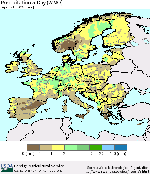 Europe Precipitation 5-Day (WMO) Thematic Map For 4/6/2022 - 4/10/2022