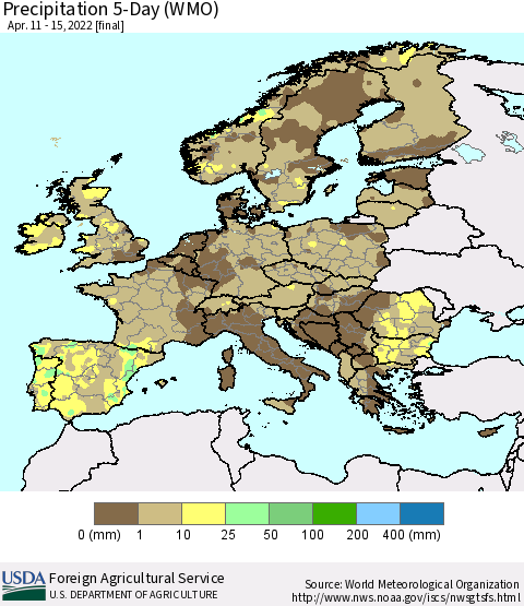 Europe Precipitation 5-Day (WMO) Thematic Map For 4/11/2022 - 4/15/2022