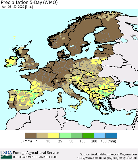 Europe Precipitation 5-Day (WMO) Thematic Map For 4/16/2022 - 4/20/2022