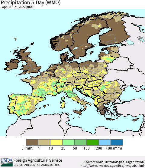 Europe Precipitation 5-Day (WMO) Thematic Map For 4/21/2022 - 4/25/2022