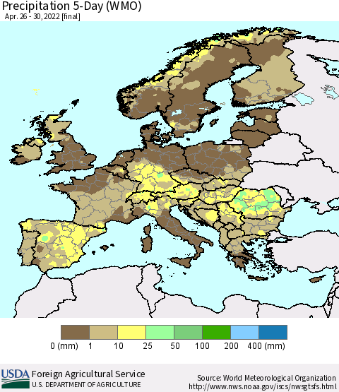Europe Precipitation 5-Day (WMO) Thematic Map For 4/26/2022 - 4/30/2022