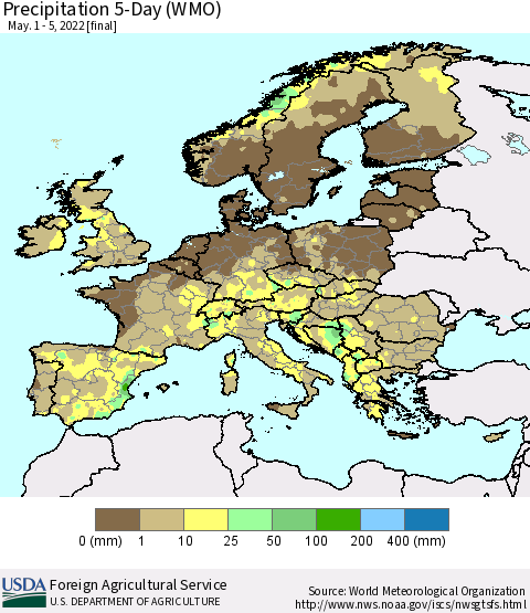 Europe Precipitation 5-Day (WMO) Thematic Map For 5/1/2022 - 5/5/2022