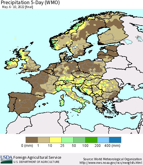 Europe Precipitation 5-Day (WMO) Thematic Map For 5/6/2022 - 5/10/2022