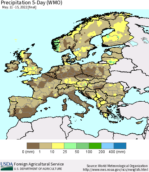Europe Precipitation 5-Day (WMO) Thematic Map For 5/11/2022 - 5/15/2022