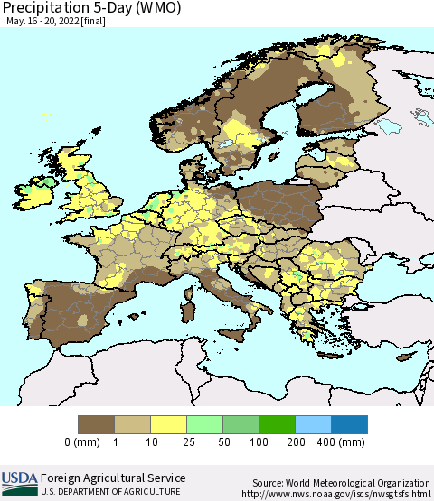 Europe Precipitation 5-Day (WMO) Thematic Map For 5/16/2022 - 5/20/2022