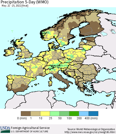 Europe Precipitation 5-Day (WMO) Thematic Map For 5/21/2022 - 5/25/2022