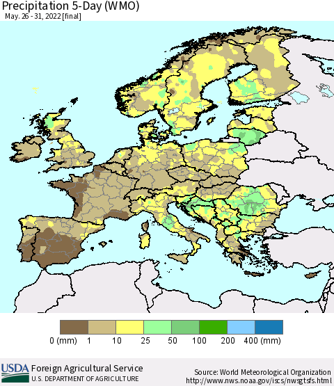 Europe Precipitation 5-Day (WMO) Thematic Map For 5/26/2022 - 5/31/2022