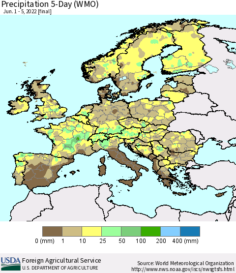 Europe Precipitation 5-Day (WMO) Thematic Map For 6/1/2022 - 6/5/2022
