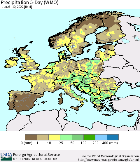 Europe Precipitation 5-Day (WMO) Thematic Map For 6/6/2022 - 6/10/2022