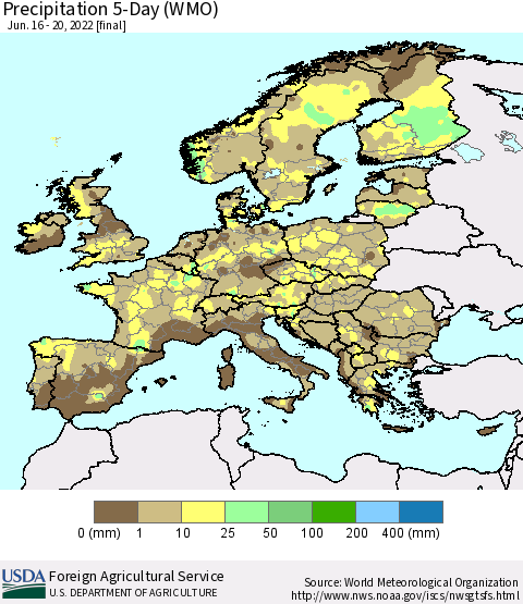 Europe Precipitation 5-Day (WMO) Thematic Map For 6/16/2022 - 6/20/2022