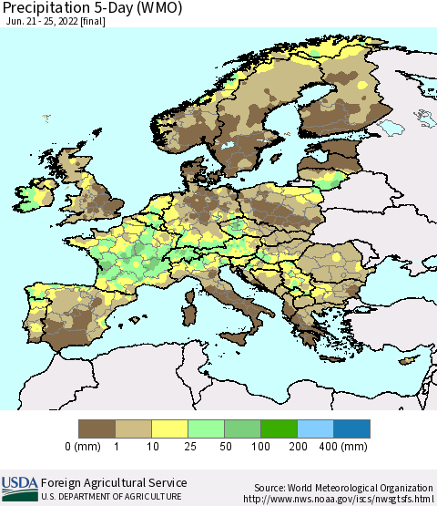 Europe Precipitation 5-Day (WMO) Thematic Map For 6/21/2022 - 6/25/2022