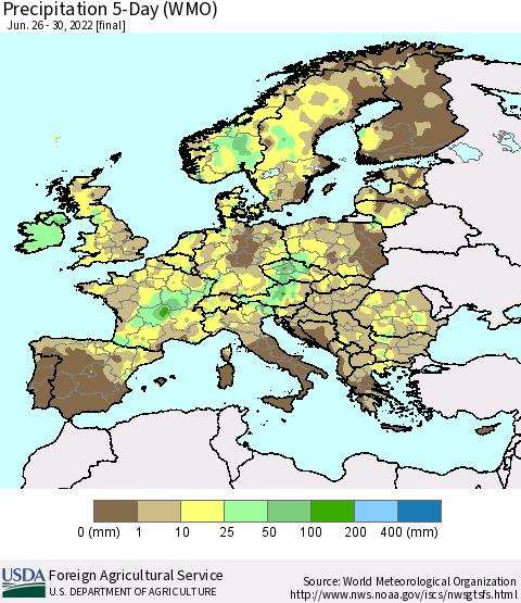 Europe Precipitation 5-Day (WMO) Thematic Map For 6/26/2022 - 6/30/2022