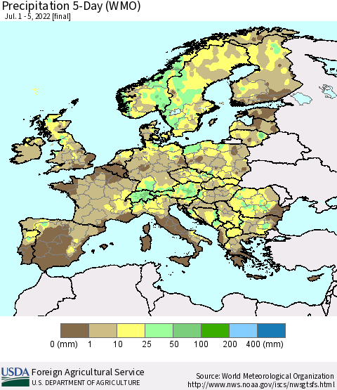 Europe Precipitation 5-Day (WMO) Thematic Map For 7/1/2022 - 7/5/2022