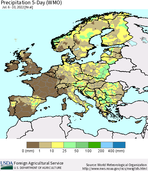 Europe Precipitation 5-Day (WMO) Thematic Map For 7/6/2022 - 7/10/2022