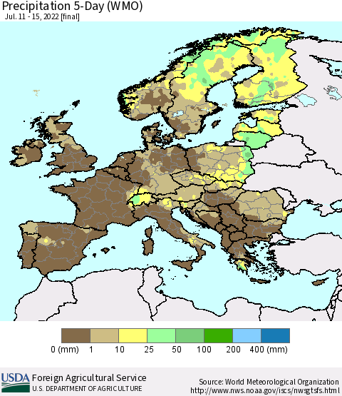Europe Precipitation 5-Day (WMO) Thematic Map For 7/11/2022 - 7/15/2022