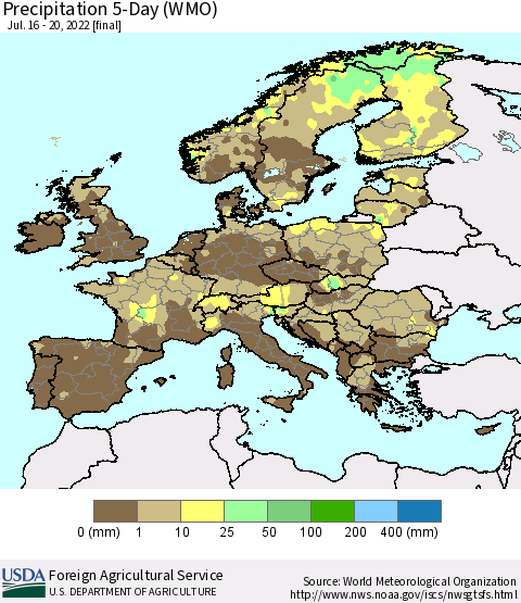 Europe Precipitation 5-Day (WMO) Thematic Map For 7/16/2022 - 7/20/2022