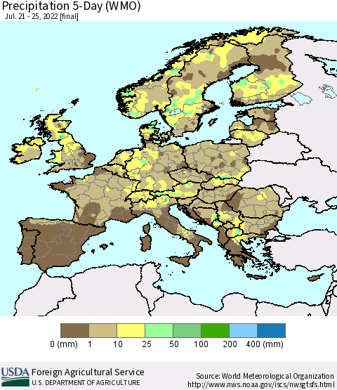 Europe Precipitation 5-Day (WMO) Thematic Map For 7/21/2022 - 7/25/2022