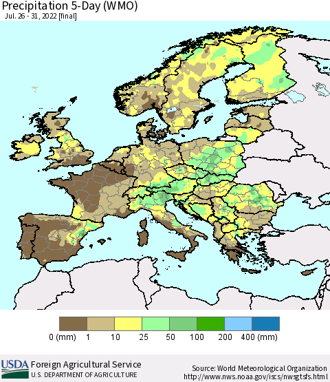 Europe Precipitation 5-Day (WMO) Thematic Map For 7/26/2022 - 7/31/2022