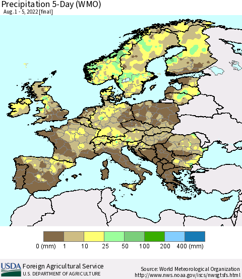 Europe Precipitation 5-Day (WMO) Thematic Map For 8/1/2022 - 8/5/2022