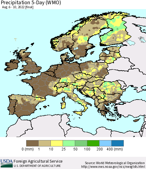 Europe Precipitation 5-Day (WMO) Thematic Map For 8/6/2022 - 8/10/2022