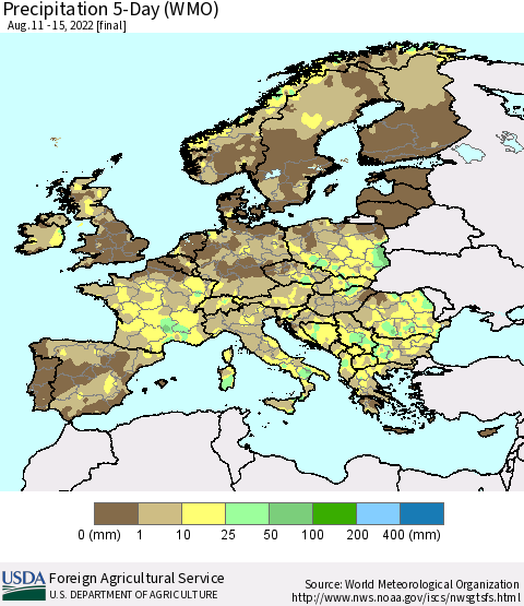 Europe Precipitation 5-Day (WMO) Thematic Map For 8/11/2022 - 8/15/2022