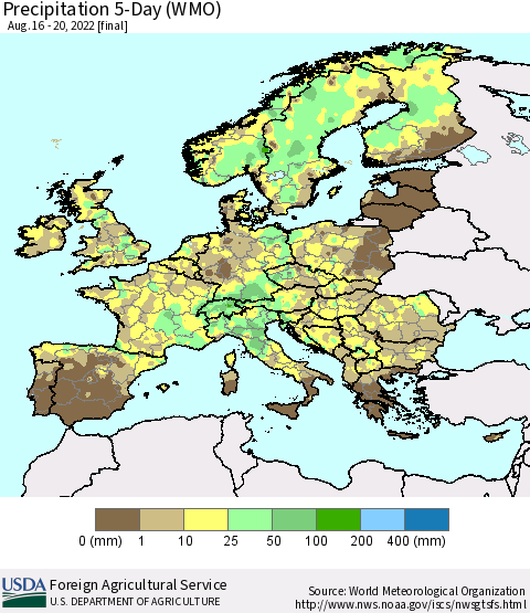 Europe Precipitation 5-Day (WMO) Thematic Map For 8/16/2022 - 8/20/2022