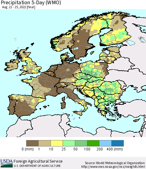 Europe Precipitation 5-Day (WMO) Thematic Map For 8/21/2022 - 8/25/2022