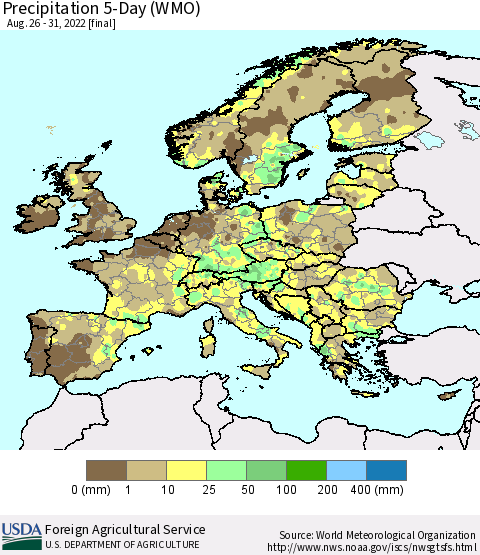 Europe Precipitation 5-Day (WMO) Thematic Map For 8/26/2022 - 8/31/2022