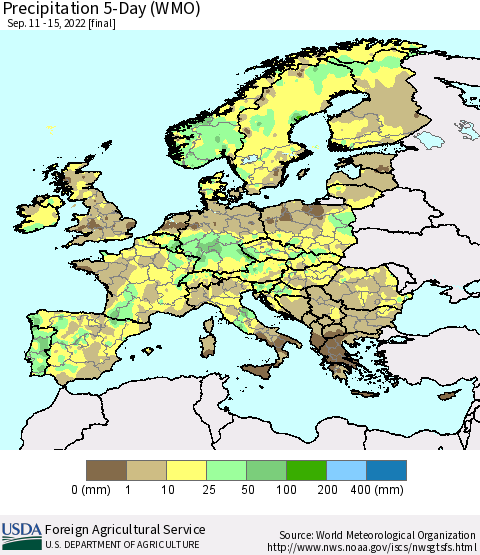 Europe Precipitation 5-Day (WMO) Thematic Map For 9/11/2022 - 9/15/2022