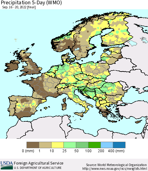 Europe Precipitation 5-Day (WMO) Thematic Map For 9/16/2022 - 9/20/2022
