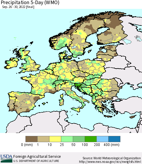 Europe Precipitation 5-Day (WMO) Thematic Map For 9/26/2022 - 9/30/2022