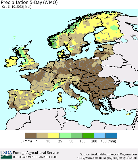 Europe Precipitation 5-Day (WMO) Thematic Map For 10/6/2022 - 10/10/2022