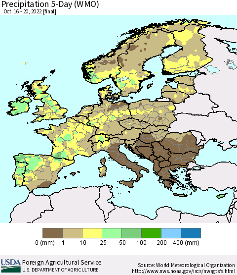 Europe Precipitation 5-Day (WMO) Thematic Map For 10/16/2022 - 10/20/2022