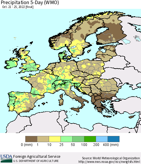 Europe Precipitation 5-Day (WMO) Thematic Map For 10/21/2022 - 10/25/2022