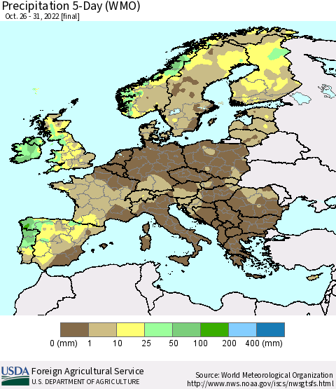 Europe Precipitation 5-Day (WMO) Thematic Map For 10/26/2022 - 10/31/2022