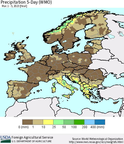 Europe Precipitation 5-Day (WMO) Thematic Map For 3/1/2023 - 3/5/2023