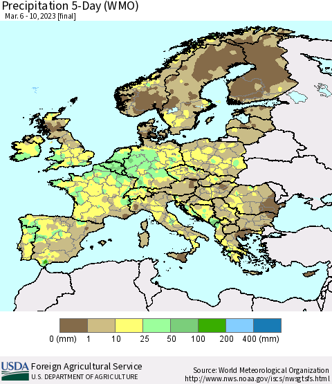 Europe Precipitation 5-Day (WMO) Thematic Map For 3/6/2023 - 3/10/2023