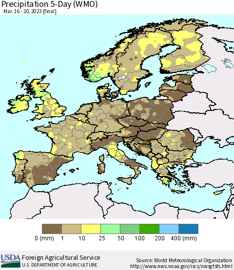 Europe Precipitation 5-Day (WMO) Thematic Map For 3/16/2023 - 3/20/2023