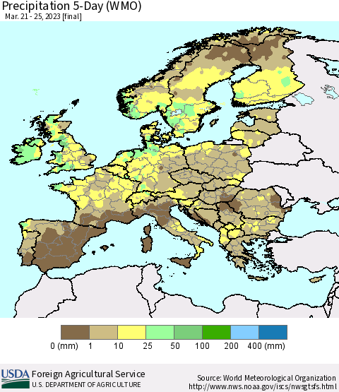 Europe Precipitation 5-Day (WMO) Thematic Map For 3/21/2023 - 3/25/2023