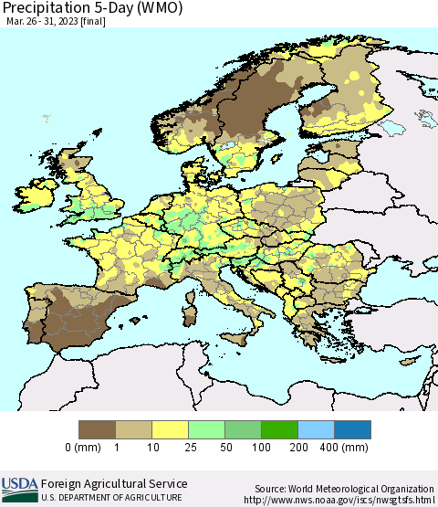 Europe Precipitation 5-Day (WMO) Thematic Map For 3/26/2023 - 3/31/2023