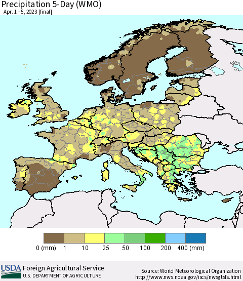 Europe Precipitation 5-Day (WMO) Thematic Map For 4/1/2023 - 4/5/2023