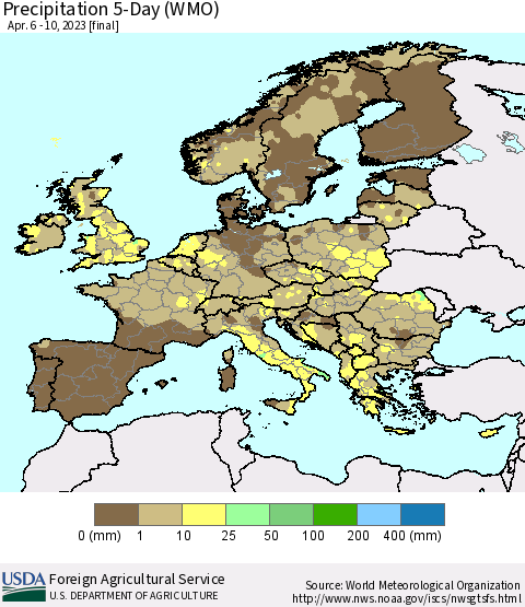 Europe Precipitation 5-Day (WMO) Thematic Map For 4/6/2023 - 4/10/2023