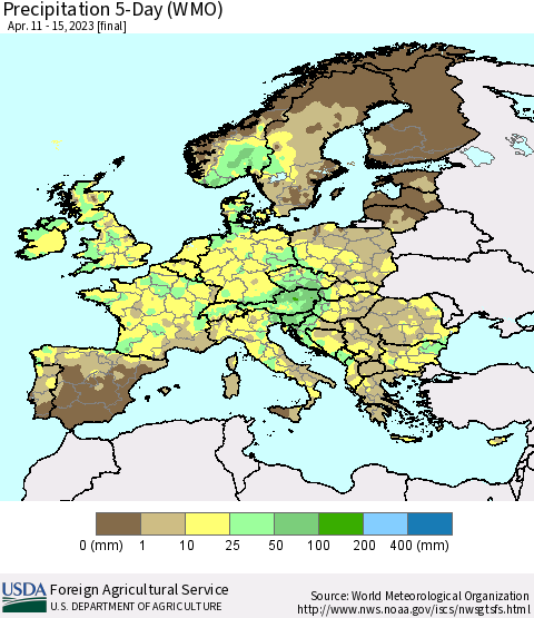 Europe Precipitation 5-Day (WMO) Thematic Map For 4/11/2023 - 4/15/2023