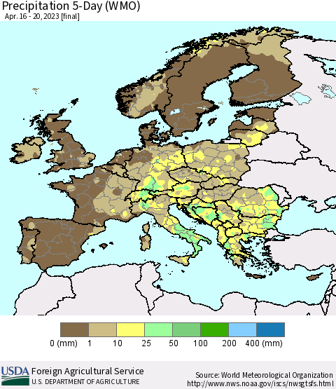 Europe Precipitation 5-Day (WMO) Thematic Map For 4/16/2023 - 4/20/2023