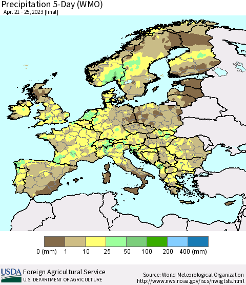 Europe Precipitation 5-Day (WMO) Thematic Map For 4/21/2023 - 4/25/2023